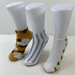 Womens Ankle Socks 3-Pack Flower Prints Stripes Knit Yellow White Blue